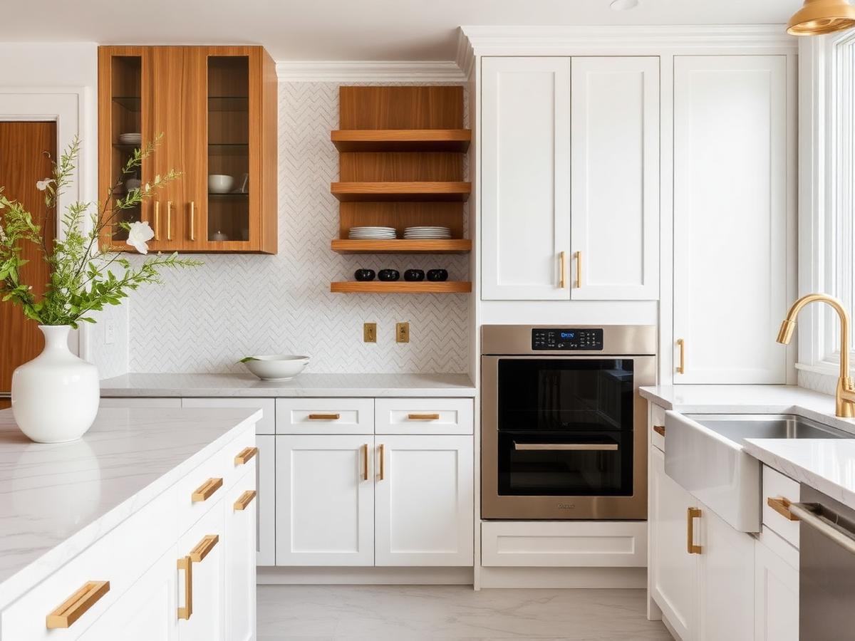 Renovated kitchen with white cabinetry and brass hardware