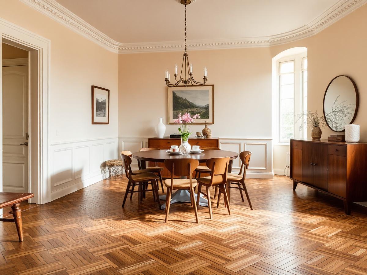 Styled dining room with herringbone floor